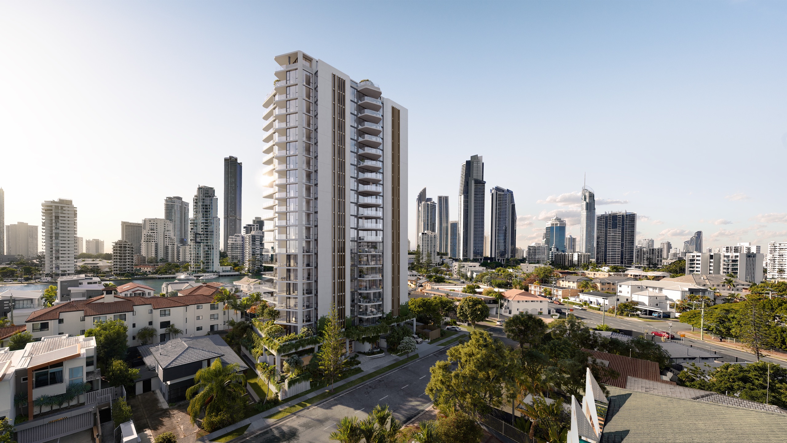 Tapestry Residences rising over Chevron Island, with the Surfers Paradise skyline beyond.